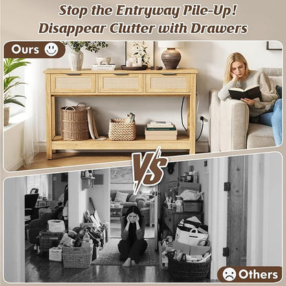 Rattan Entryway Table with 4-Port Charging Station (2 AC Outlets + USB/USB-C), 3 Drawers Storage & Open Shelf, Behind Couch Console Sofa Table for Hallway, Foyer - Natural Weave & Oak, 47 Inch