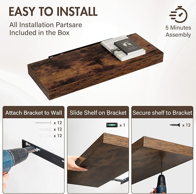 Acovy 30 Inch Floating Shelves, 12" Deep Floating Shelf Wall Mounted, 30" Wall Shelves, Rustic Deep Bookshelf, Extra Deeper & Thicker Display Shelves for Bedroom, Living Room, Brown, Set of 2