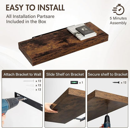 Acovy 30 Inch Floating Shelves, 12" Deep Floating Shelf Wall Mounted, 30" Wall Shelves, Rustic Deep Bookshelf, Extra Deeper & Thicker Display Shelves for Bedroom, Living Room, Brown, Set of 2