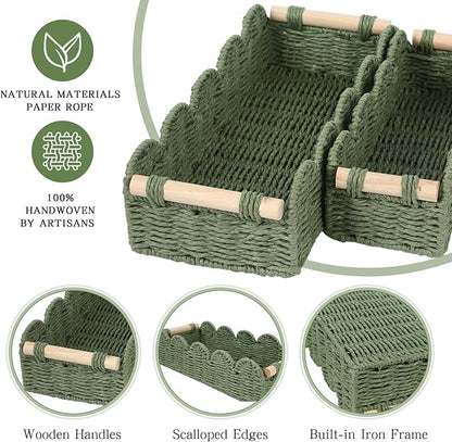 Paper Rope Storage Basket Set of 2 with Wooden Handles - Scalloped Toilet Paper Organizer, Cute & Functional Home Decor for Bathroom or Living Room (Green)
