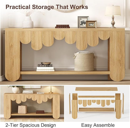 IBF 63” Long Console Table, Farmhouse Wood Entryway Table with Storage Shelf, 2-Tier Sofa Table Behind Couch for Home Living Room, Modern Rectangular Entry Table for Hallway Entrance Foyer, Oak