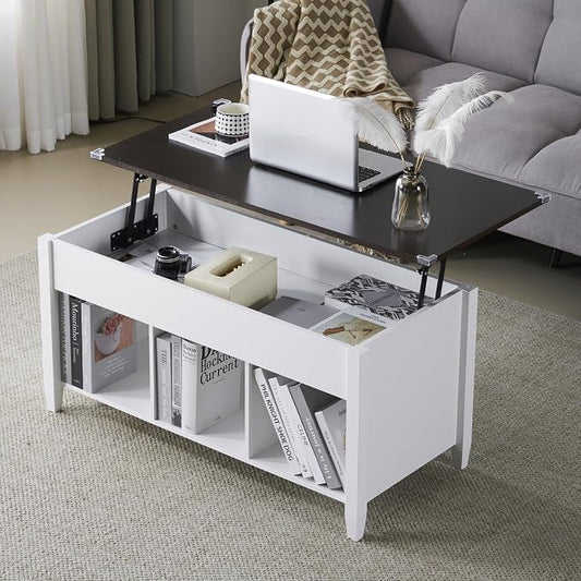 VINGLI Lift Top Coffee Table with Hidden Storage, 39" Wood Coffee Table with Lifting Tabletop, 3 Open Shelves, Center Table for Living Room, Home Office, White & Dark Brown