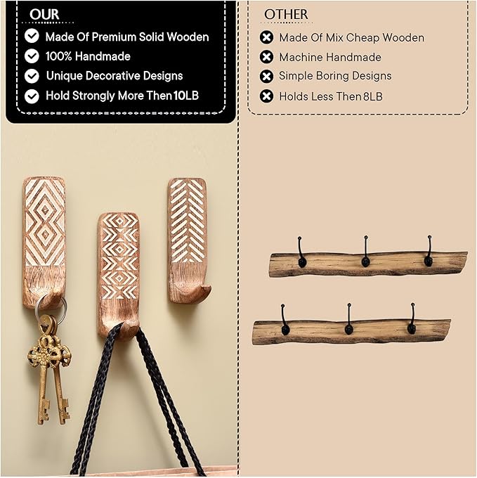Indian Shelf Boho Decorative Wood Adhesive Wall Hooks for Hanging Coats, Keys, Leash, Hat, Towel Holder, Cute Sticky Key Holder, Brown & White Western Wall Décor (12 Hooks 24 Strip)