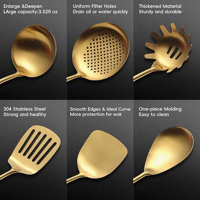 Stainless Steel Kitchen Utensils Set with Wood Handle 18/10 Metal Cooking Utensils Set, 10 Piece - Spatula, Spoon, Ladle, Skimmer, Slotted Turners, Pasta,Turner, Ladl, Fork