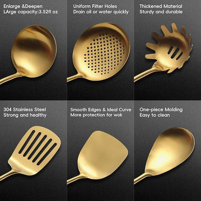 Stainless Steel Kitchen Utensils Set with Wood Handle 18/10 Metal Cooking Utensils Set, 10 Piece - Spatula, Spoon, Ladle, Skimmer, Slotted Turners, Pasta,Turner, Ladl, Fork