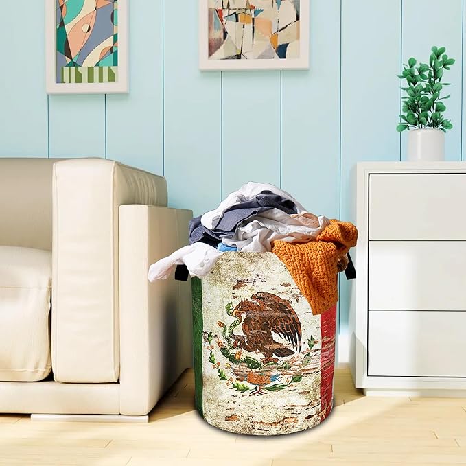Vintage Mexican Flag Laundry Basket Funny Oxford Cloth Laundry Hamper With Handle Foldable Portable Clothes Storage Basket 18.9 X 16.5 Inch Storage Bag For Laundry Room/Bathroom/Bedroom/Dormitories