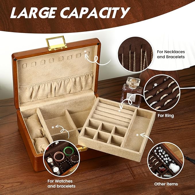 Solid Walnut Wood Jewelry Organizer Box with Lock,2-Layer Vintage Jewelry Box for Men Women, Velvet-Lined Storage for Earrings Rings Necklaces Bracelets Watches Perfect Father Day Gift Khaki