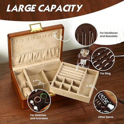 Solid Walnut Wood Jewelry Organizer Box with Lock,2-Layer Vintage Jewelry Box for Men Women, Velvet-Lined Storage for Earrings Rings Necklaces Bracelets Watches Perfect Father Day Gift Khaki