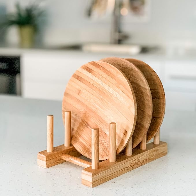 KOZY Dish Drying Rack Handmade Dishware Plate Holder Natural Bamboo Drainer Stand - Wooden Finish- Holds Plates Bowls Mugs Cups Cutting Board (Natural Bamboo- Plate Holder)