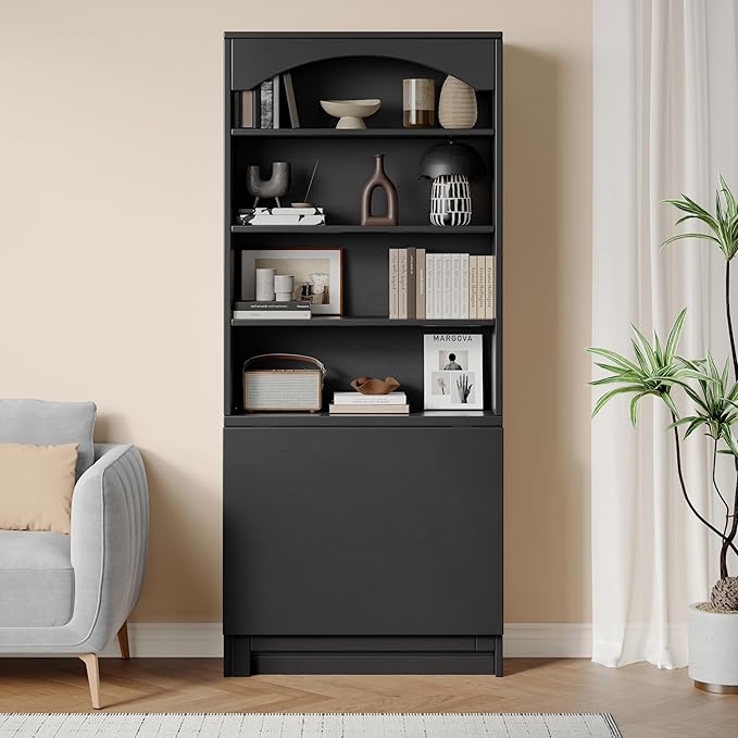 6-Tier Bookshelf with Folding Table, 72.8” Tall Open Storage Bookcase, Large Storage Capacity, Modern Display Shelf for Home Office, Living Room, Bedroom, Black
