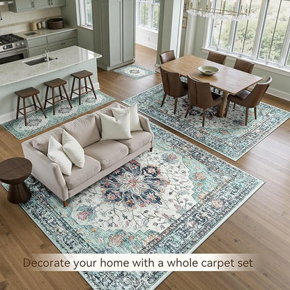 RELEANY Area Rugs 6'x9' Washable Non-Slip, Floral Vintage Distress Medallion Carpet for Living Room Bedroom Dining Room, Green Navy Blue White Red Teal