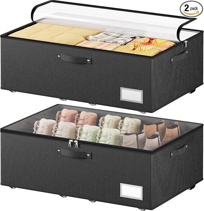 Dayacoco Under Bed Storage With Wheels,10 Inches Under Bed Storage Containers,65L Large Capacity,No Assembly Required Rolling Under Bed Storage for Clothes,Blankets,Shoes,Black