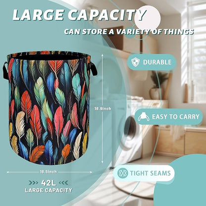 Feathers Laundry Basket Foldable With Handles Funny Tote Bag Oxford Cloth Colorful Feather Laundry Hamper Clothes Storage Bucket Toy Organizer For Bathroom/Laundry/Bedroom 18.9" x 16.5 "