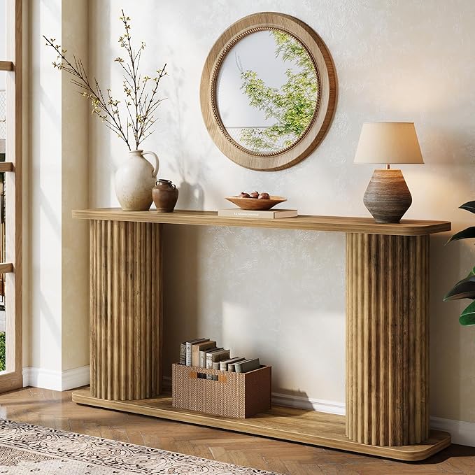 Tribesigns 63" Long Console Table, Mid Century Modern Behind Couch Sofa Table with Shelves, 2-Tier Entryway Table for Hallway, Entrance, Foyer, Living Room