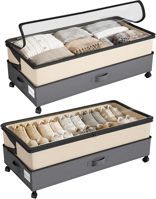 Kitstorack 2Pack Height-adjustable Under Bed Storage with Wheels, Under Bed Storage Containers,Under Bed Shoe Storage Organizer with Clear Window&Label, Suitable for Clothes Storage, Beige & Gray