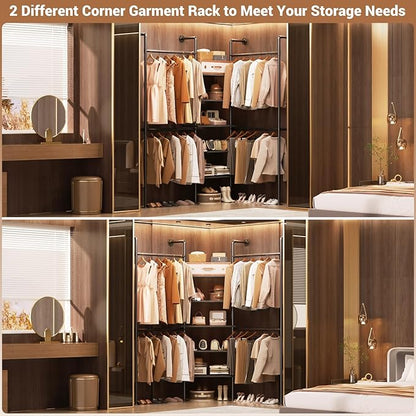 Aheaplus Industrial Pipe Clothing Rack, Reversible 6.42FT Clothes Rack for Hanging Clothes, Heavy Duty 5 Tier Wardrobe Closet Garment Racks with Shelves, Corner Closet Organizer System, Black Oak