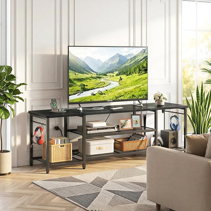 YGEOMER TV Stand for Up to 75 Inch TVs, Entertainment Center with Power Outlet and Open Storage Shelves, TV Media Console Table for Living Room and Bedroom, Black