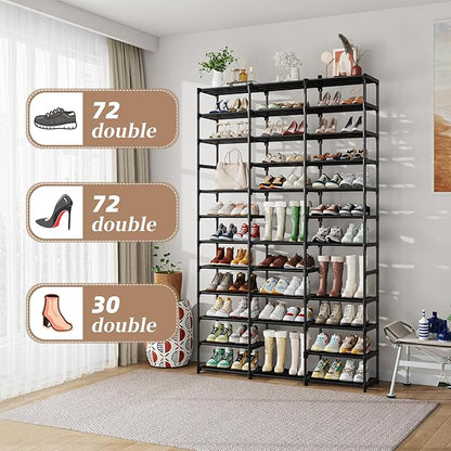 Shoe Rack Large Capacity 72 Pairs Tall Shoe Shelf, 3 Row 12 Tiers Sturdy Metal Shoe Organizer for Entryway, Closet, Bedroom, Black