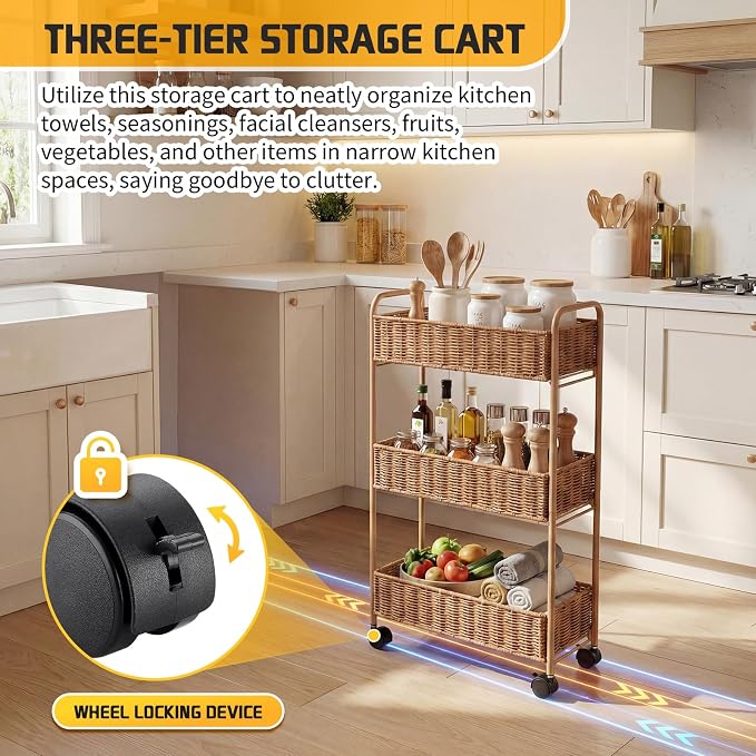 FOCHIER F Utility Slim Storage Cart,3-Tier Rolling Kitchen Office Laundry Room Cart,Mobile Shelving Unit Organizer for Living Room Bathroom Baby Diaper Narrow Places (Natural, 3 Tiers-7.1 inch (W))