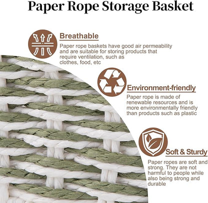 OIAHOMY Toilet Paper Baskets Handmade Paper Rope Decorative Wicker Storage Tank Shelf Cabinet Organizer for Bathroom Home, Set of 2, Green & White