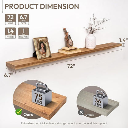 Marsmiles 72 inch Floating Shelves for Wall Solid Elm Wood Wall Mounted Shelves|Rustic Long Floating Shelves with Invisible Bracket for Bathroom Living Room Kitchen|Natural, 1 Pack