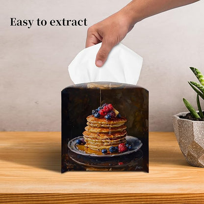 Grace Yonks Cute Pancakes Tissue Box Cover Square, Kitchen Food Cube Case for Facial Tissues, 5.2" PU Leather(068)