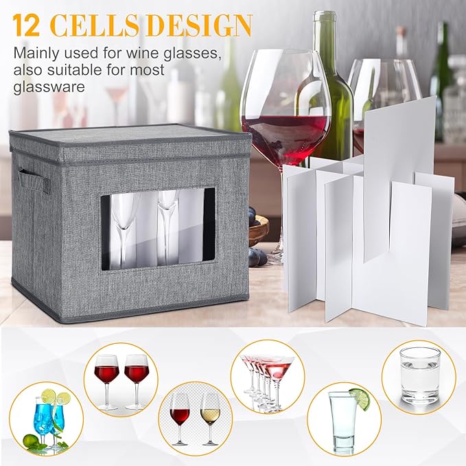 Norme 3 Pack Wine Glasses Storage Box with Dividers, 12 Compartments Stemware Storage Cases Champagne Flute Box with Lid Handle Window China Container Organizer for Moving(Wine Glass Size,Gray)
