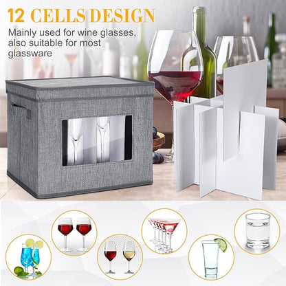 Norme 3 Pack Wine Glasses Storage Box with Dividers, 12 Compartments Stemware Storage Cases Champagne Flute Box with Lid Handle Window China Container Organizer for Moving(Wine Glass Size,Gray)