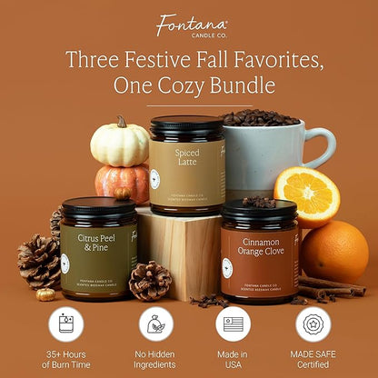 Fontana Candle Co Wood Wick Beeswax Jar Candles - 3-Jar Fall Bundle - Made with Coconut Oil & Pure Essential Oils – Clean Burn, Long Lasting and Non-Toxic Candles for Home & Room Decor