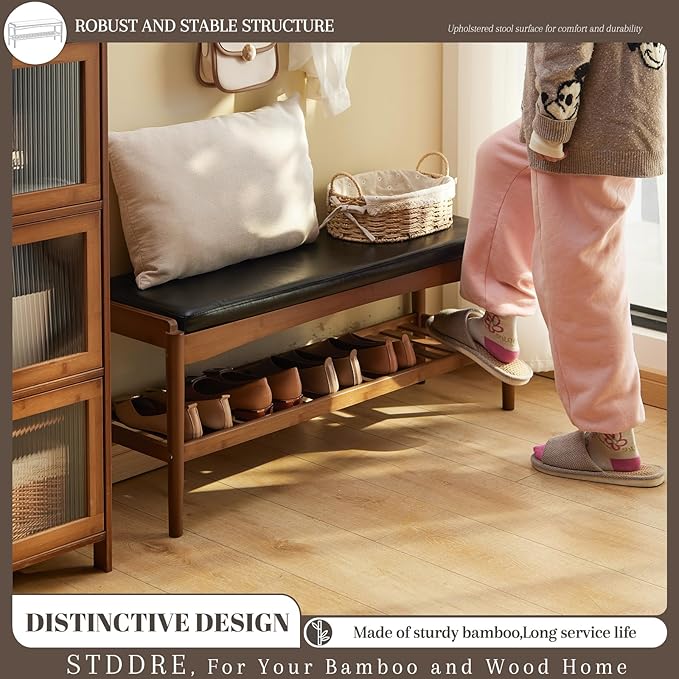 Shoe Rack Bench Entryway Bamboo Shoe Storage Bench with Leather Cushion 2 Tiers Shoe Rack Entryway Bench for Hallway, Living Room,Bedroom(Black Bench top+Brown Frame)