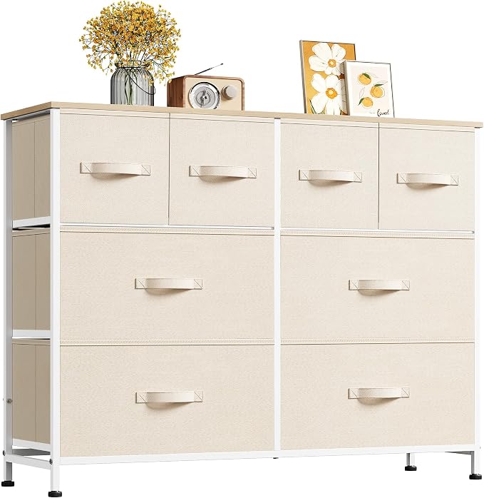 WLIVE Dresser for Bedroom with 8 Drawers, Wide Fabric Dresser for Storage and Organization, Bedroom Dressers, Chest of Drawers for Living Room, Closet, Hallway, Cream White