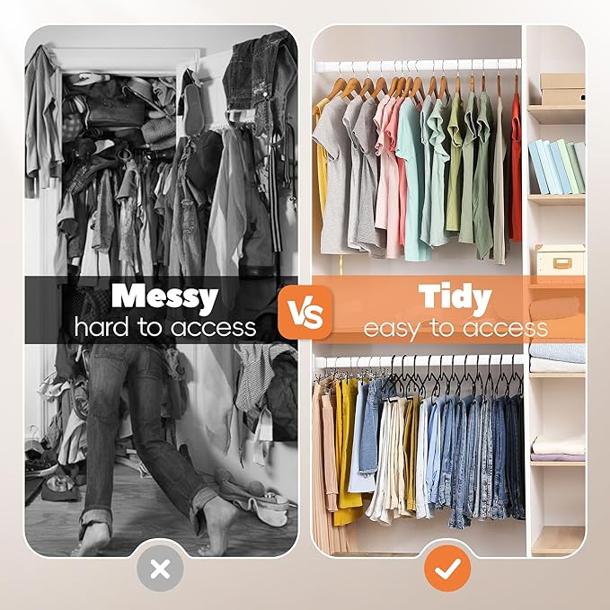 Long Closet Rod 17-87 Inches, Adjustable Heavy Duty White Metal Closet Rods for Hanging Clothes, 1.3 Inch Diameter with Wall Brackets for Wardrobes, Laundry Room
