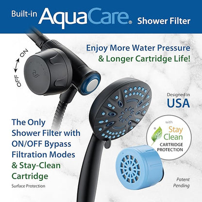 AquaCare Magneton 8-setting Magnetic Docking Hand Shower with Built-in Shower Filter - ON/OFF Filtration Modes, Instant Cartridge Reload, Stay-Clean KDF Cartridge, 6 ft. Steel Hose, Matte Black