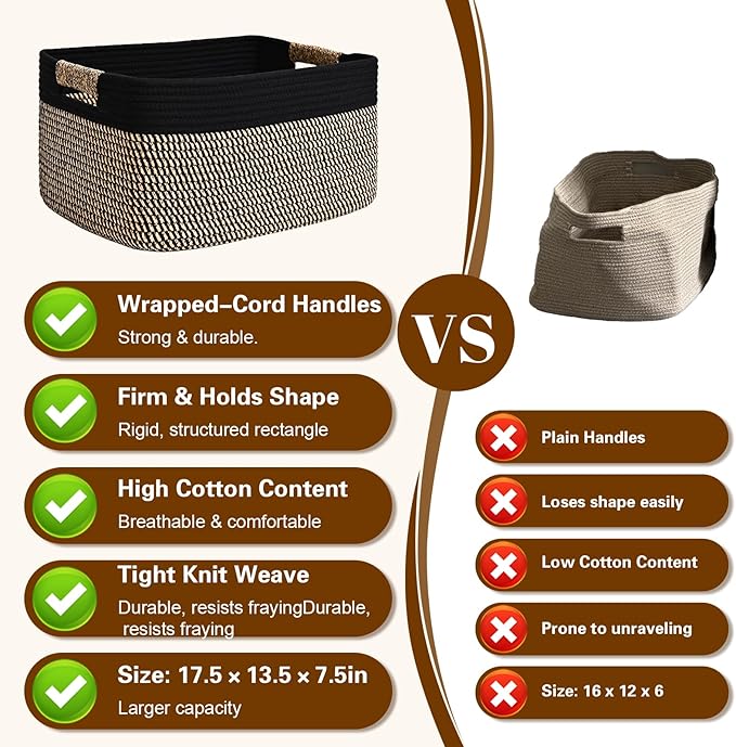 3 Pack Large Storage Basket for Organizing, 17.5"x13.5"x7.5" Woven Basket for Shelves, Closet Cube Storage Bins with Wrapped Handle, Cotton Rope Baskets for Kitchen, Clothes, Toys(Black & Brown)