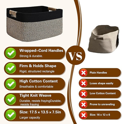 3 Pack Large Storage Basket for Organizing, 17.5"x13.5"x7.5" Woven Basket for Shelves, Closet Cube Storage Bins with Wrapped Handle, Cotton Rope Baskets for Kitchen, Clothes, Toys(Black & Brown)