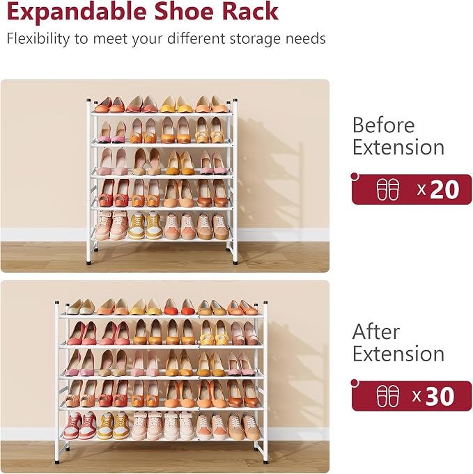 Tajsoon Expandable Shoe Rack for Closet 5 Tier, 29“-41“Adjustable & Stackable Shoe Shelf Storage, Metal Shoe Rack Organizer for Front Door Entrance, Closet, Garage, Entryway, White