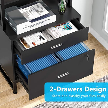 Tribesigns 2 Drawer Vertical File Cabinet with Lock & Bookshelf (Set of 2), Letter Size Large Modern Filing Cabinet Printer Stand with Open Storage Shelves for Home Office, Black