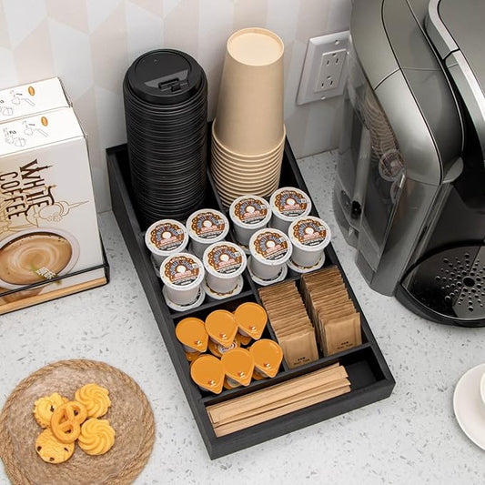 ANBOXIT Coffee Station Organizer for Countertop, Condiment Storage Caddy, Coffee Bar Supplies Organizer for Home, Office and Breakroom - Wooden, Black, 7 Compartment