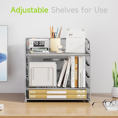 5 Tier Paper Organizer with Handle, Silver Metal Mesh Desk Organizer File Folder Paper Letter Tray Desktop Document Sorter for Classroom, School, Office Accessories Organization and Storage