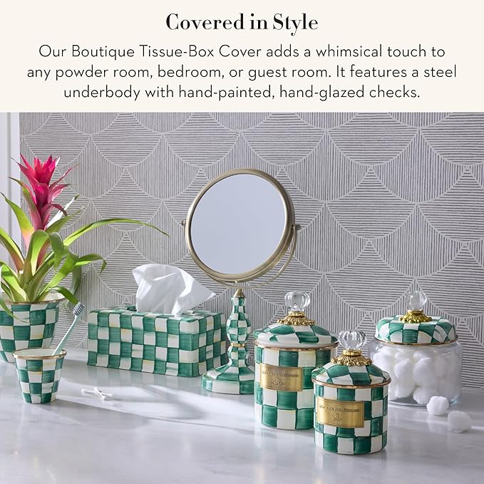 MACKENZIE-CHILDS Boutique Square Tissue-Box Cover, Tissue Holder for Home Decor, Green-and-White Emerald Check
