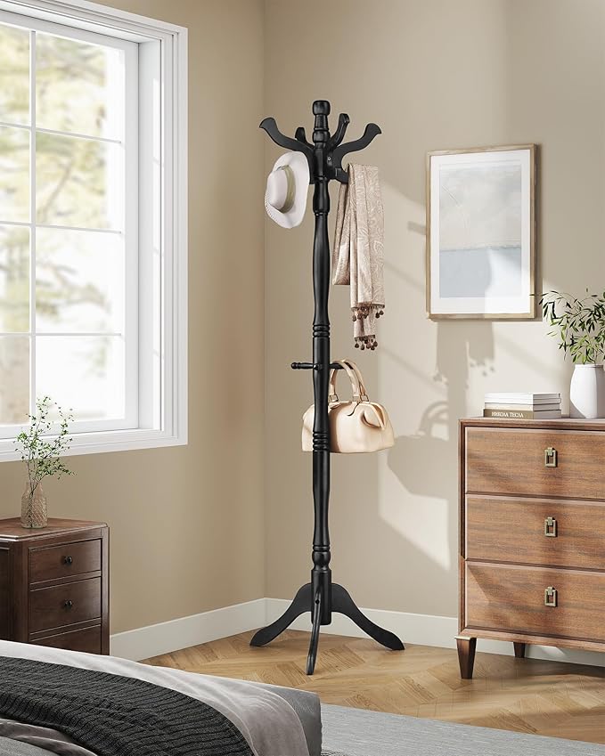 VASAGLE Coat Stand, Solid Wood Freestanding Coat Rack with 11 Hooks, Hall Tree for Bags, Purses, Hats, for Entryway, Hallway, Rubberwood, Ink Black URCR005B01
