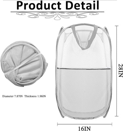 Collapsible Pop Up Laundry Hamper, Extra Large Mesh Foldable Laundry Basket, 28" x 16" x 16" (Grey)