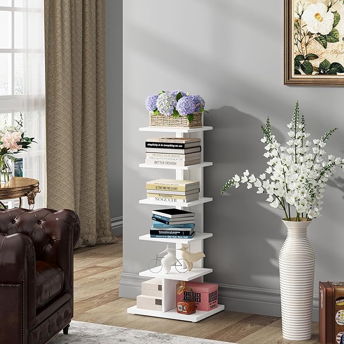 TUTOTAK Narrow Bookshelf, 6-Tier Bookcase, Spine Book Shelf for Small Space, Corner Standing Shelf for Living Room, Office, Study, Entryway, White BS06BW016
