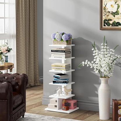 TUTOTAK Narrow Bookshelf, 6-Tier Bookcase, Spine Book Shelf for Small Space, Corner Standing Shelf for Living Room, Office, Study, Entryway, White BS06BW016