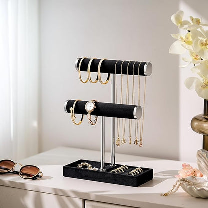 bussdis 2 Tier Bracelet Holder Display - Detachable T Bar Black and Silver Velvet Bracelet Holder, Jewelry Holder Organizer for Bracelet, Necklace, Earrings, Rings
