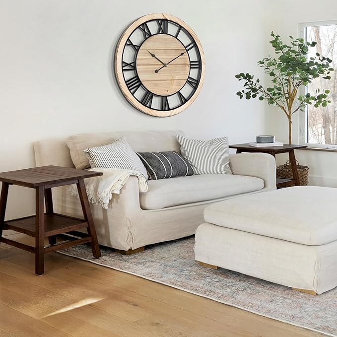 LEIKE 30 Inch Extra Large Wall Clock - Rustic Wooden Nearly Silent Wall Clock with Black Metal Frame, Vintage Farmhouse Decorative for Living Room, Bedroom, Kitchen - Roman Numerals, Modern Design