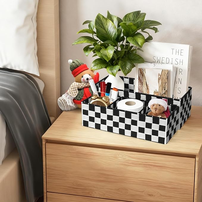 2-Pack Checker Pattern Woven Bins, 16” Ribbon Metal Wire Desk Organizer, Drawer Dresser Baskets, Countertop Toilet Paper Storage Containers (Black & White)