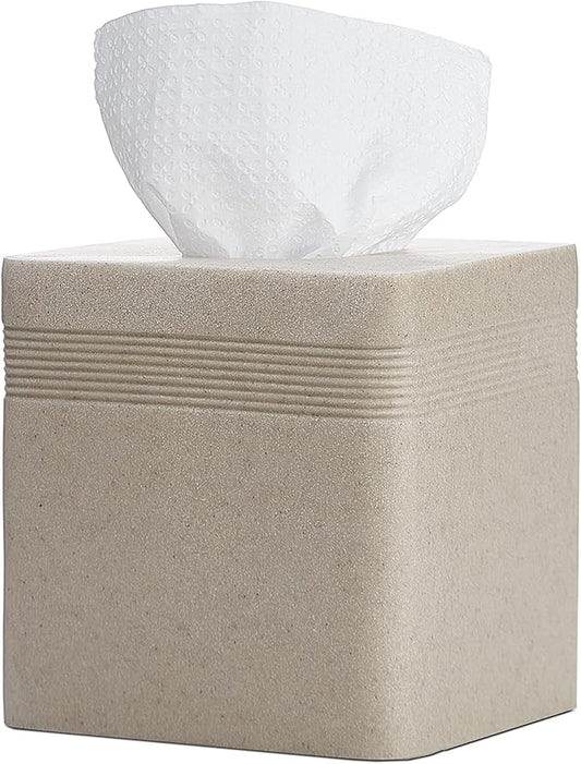 Beige Sandstone Tissue Box Cover Square for Home Decor,Resin Heavy Tissue Box Holder for Bathroom Countertop,Tabletop,Bedside Table,Office (Handmade of Resin)