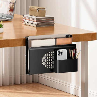 Desk Side Storage, Metal Laptop Holder with Magnetic Pen Box, Clamp-On Under Desk Organizer with Cooling Holes & Anti-Scratch Pads for Office and Home (Black)