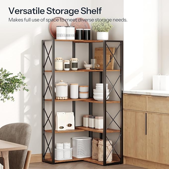 HOOBRO Corner Bookshelf, 5-Tier Industrial Corner Bookcase, Open Display Storage Rack, Vertical or L-Shaped, for Office, Living Room, Bedroom, Rustic Brown and Black BF66SJ01